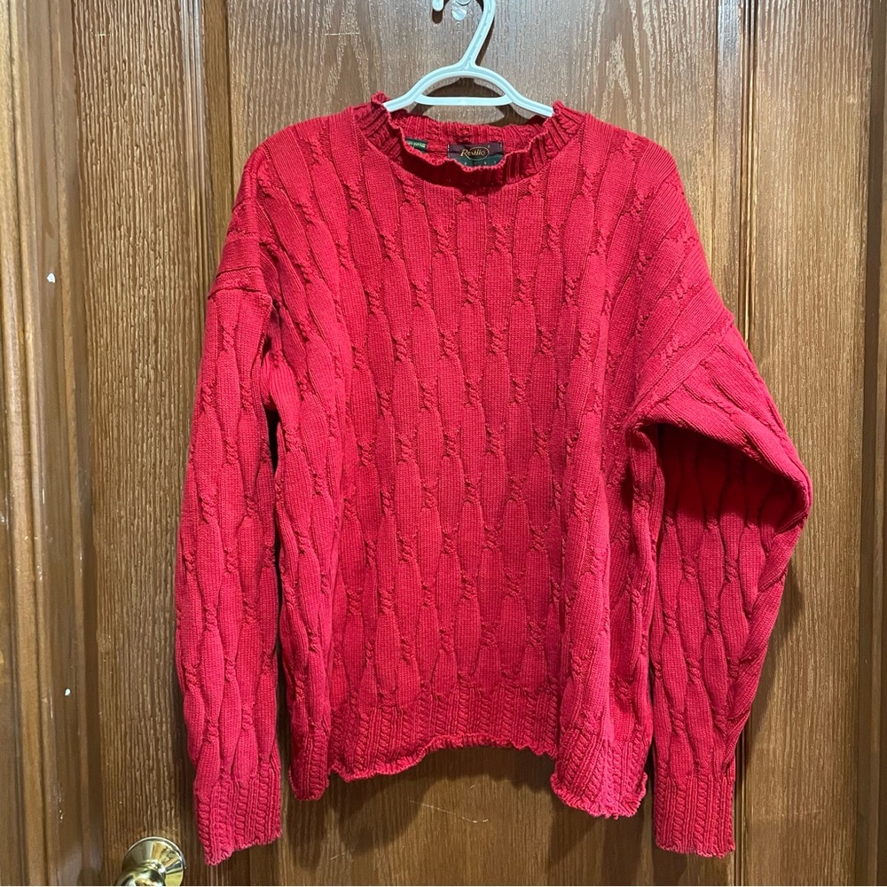 VINTAGE Resilio Sport Red Cable Knit Sweater Cotton Scalloped Edging Size Lrg